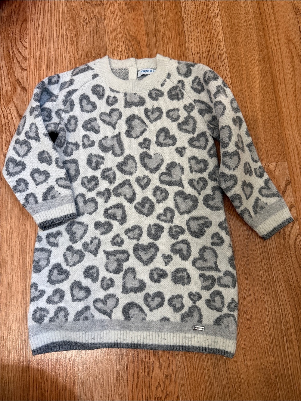 Mayoral Cream and Gray Heart-Print Crewneck Sweater Dress
